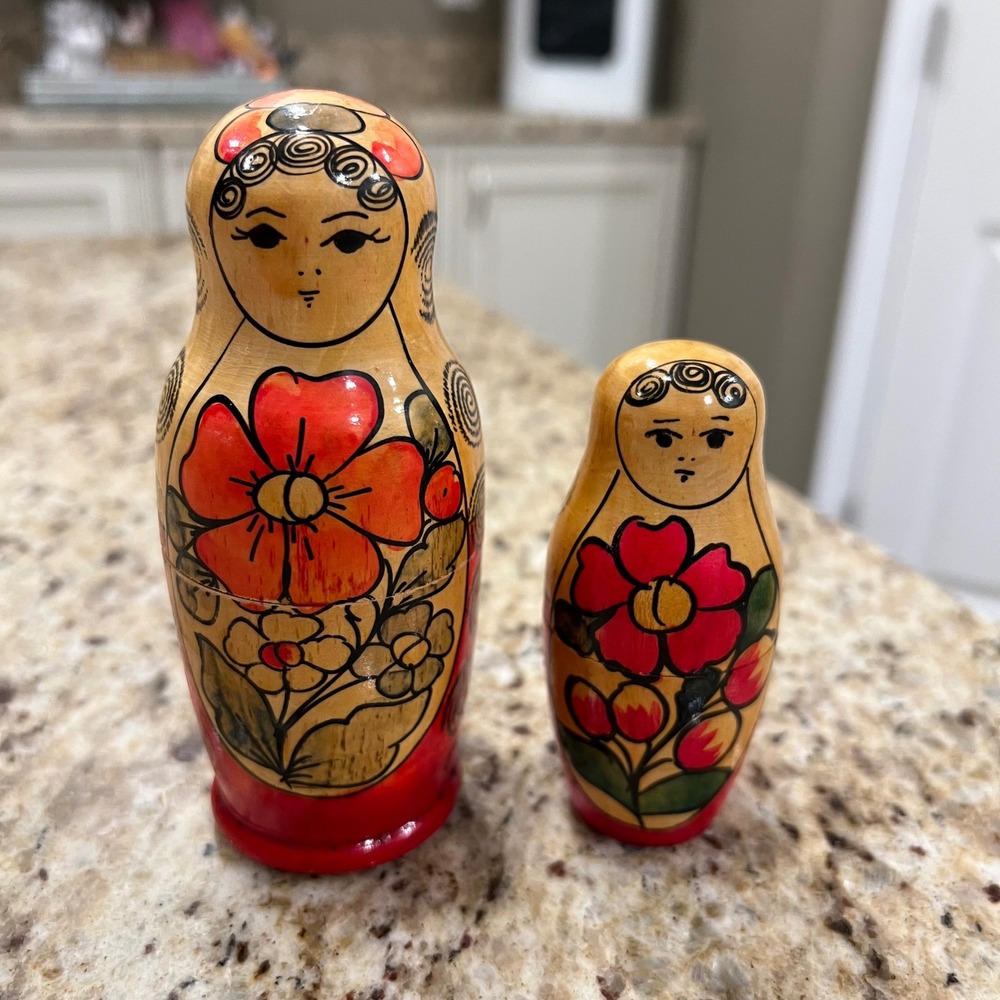 Vintage Russian Matryoshka Nesting Dolls Hand Painted Wood Floral Red Set of 2
